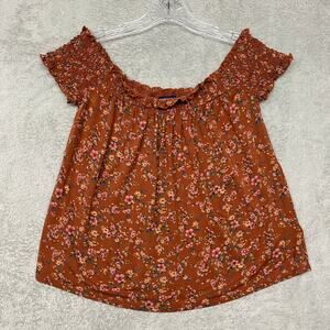 American Eagle‎ Shirt Womens Small Orange Pink Floral Baby Doll Smocked Cottage